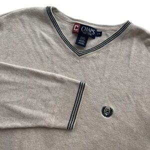 Chaps Men's L Beige Cotton V-Neck Classic Logo Embroidery Sweater Academia Retro